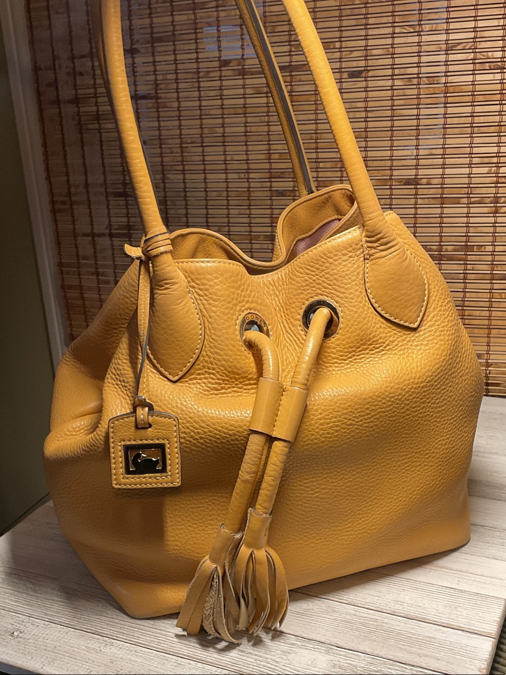 Dooney & Bourke Portofino Yellow Leather Grommet Drawstring Large Shopper Bag